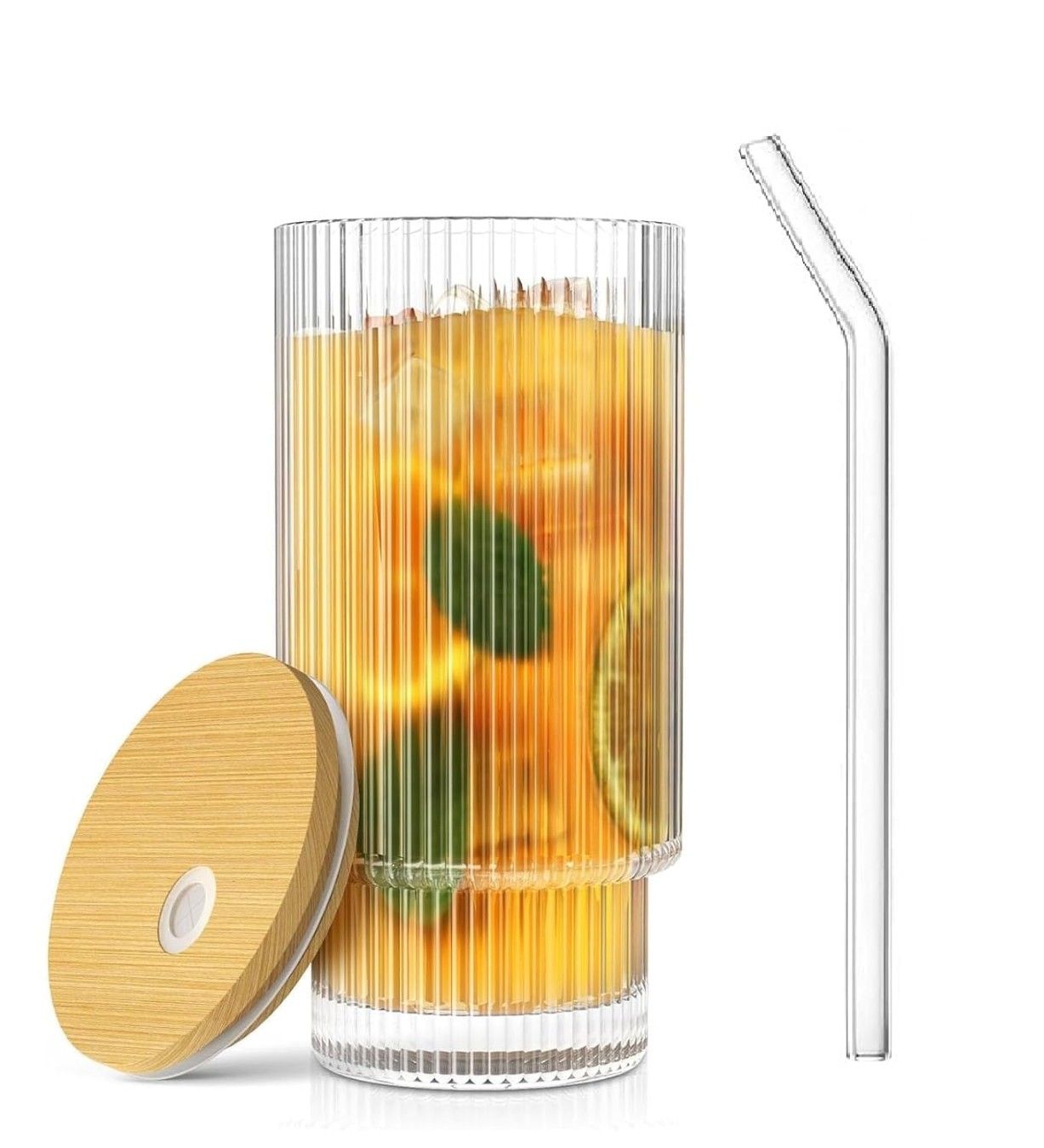 290ml Fluted Glass Sipper Tumbler – Vertical Stripe Design with Bamboo Lid & Reusable Straw | Set of 1