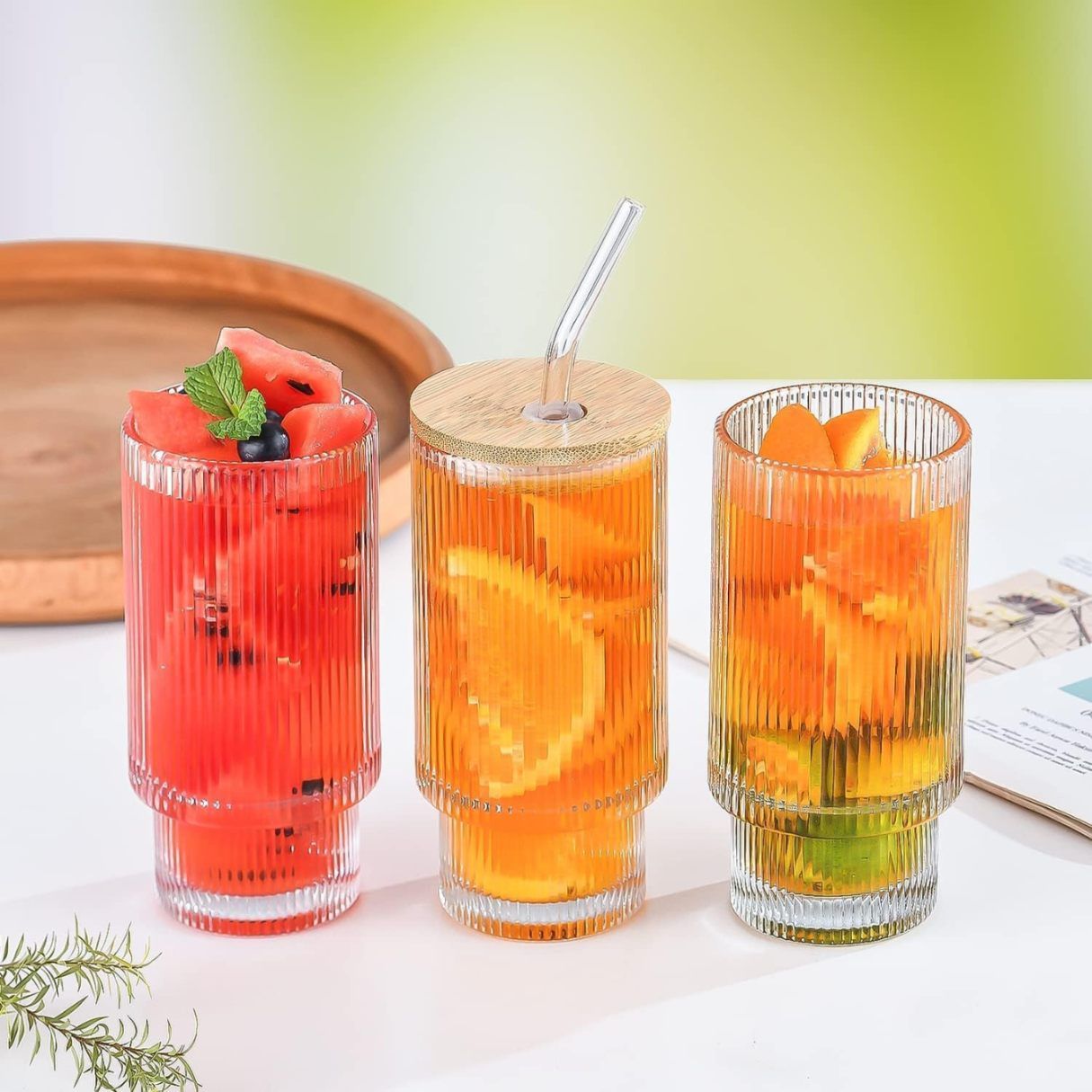 290ml Fluted Glass Sipper Tumbler – Vertical Stripe Design with Bamboo Lid & Reusable Straw | Set of 1