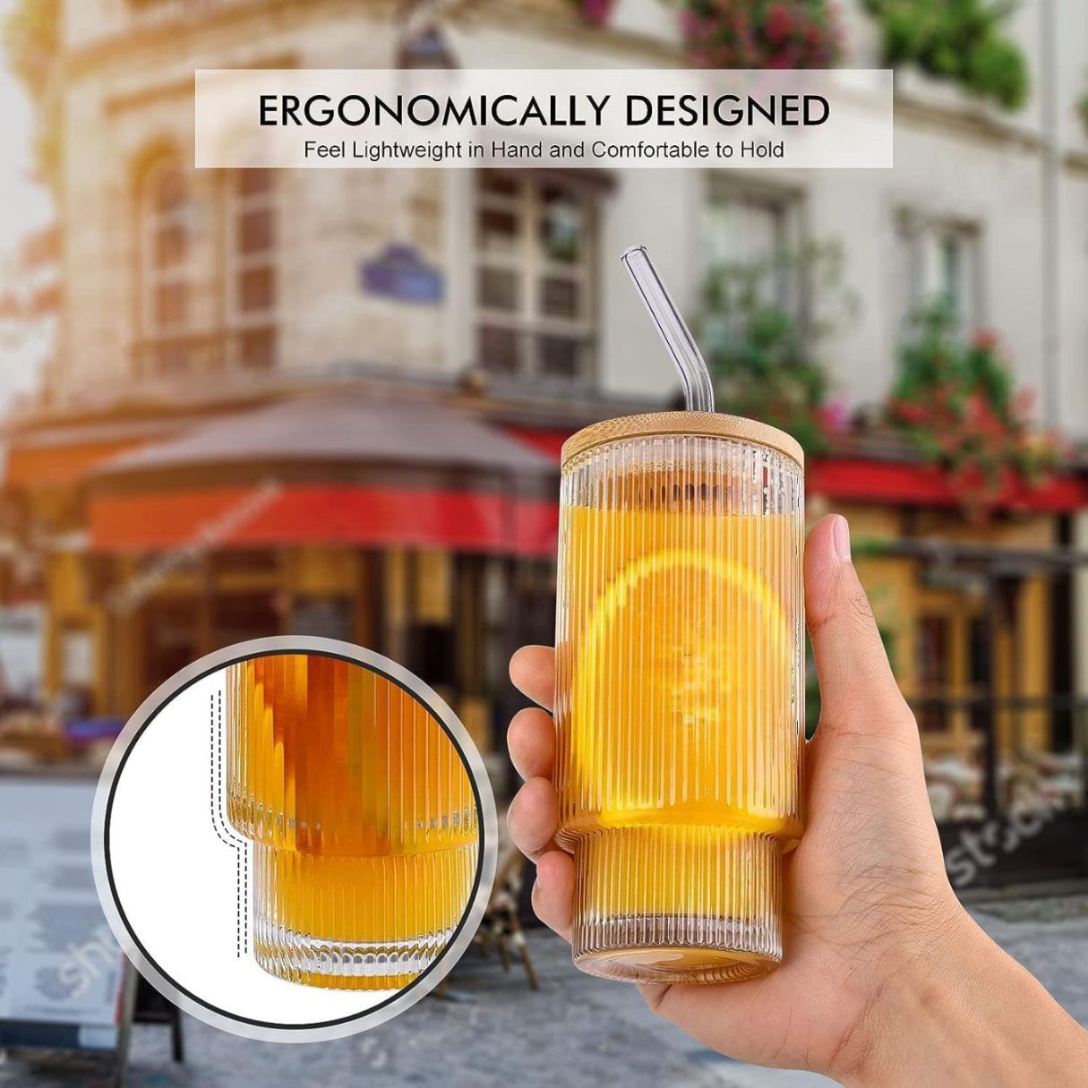 290ml Fluted Glass Sipper Tumbler – Vertical Stripe Design with Bamboo Lid & Reusable Straw | Set of 1