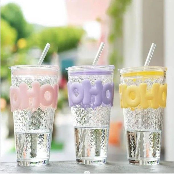 HOHO Glass Straw Cup – 530ml Iced Drink Tumbler with Lid, Reusable Straw & Silicone Sleeve | Summer Ice Cup