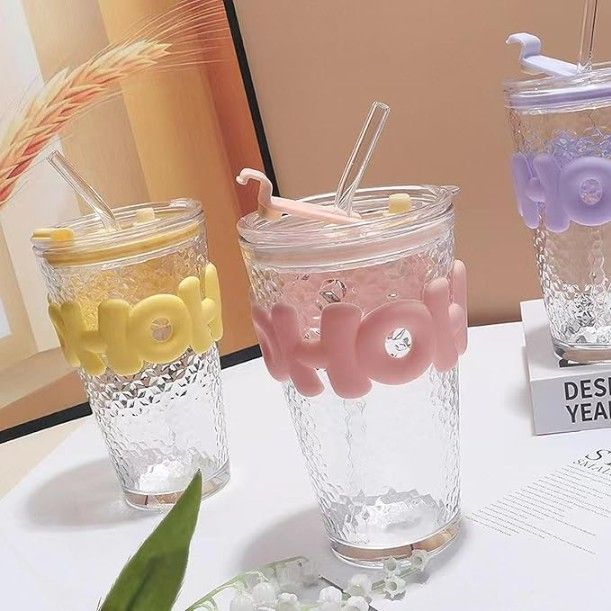 HOHO Glass Straw Cup – 530ml Iced Drink Tumbler with Lid, Reusable Straw & Silicone Sleeve | Summer Ice Cup