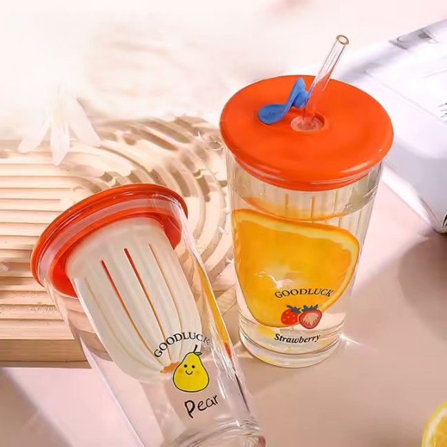 500ml Cartoon Glass Sipper Cup – Heat-Resistant Tumbler with Lid & Straw | Cute Coffee & Juice Cup Gift