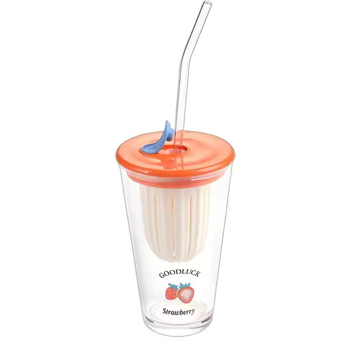 500ml Cartoon Glass Sipper Cup – Heat-Resistant Tumbler with Lid & Straw | Cute Coffee & Juice Cup Gift