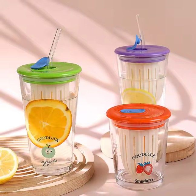 500ml Cartoon Glass Sipper Cup – Heat-Resistant Tumbler with Lid & Straw | Cute Coffee & Juice Cup Gift