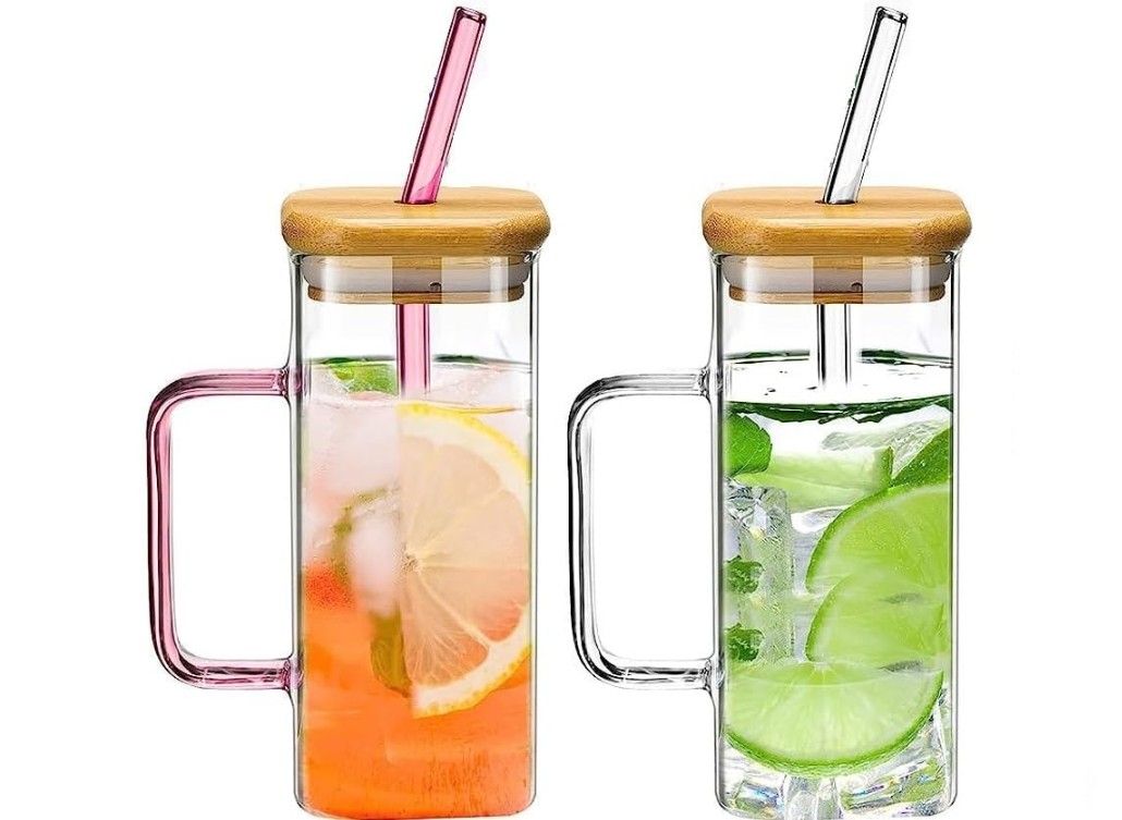 Square Mason Jar Sipper Set – 400ml Glass Tumblers with Wooden/Acrylic Lid & Straw | Pack of 2 | Random Colors