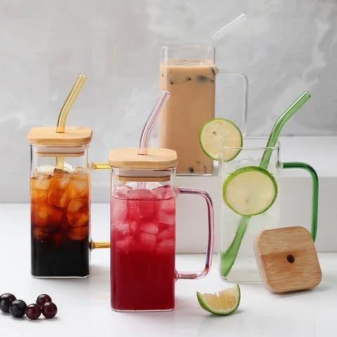 Square Mason Jar Sipper Set – 400ml Glass Tumblers with Wooden/Acrylic Lid & Straw | Pack of 2 | Random Colors