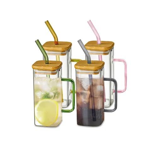 Square Mason Jar Sipper Set – 400ml Glass Tumblers with Wooden/Acrylic Lid & Straw | Pack of 2 | Random Colors