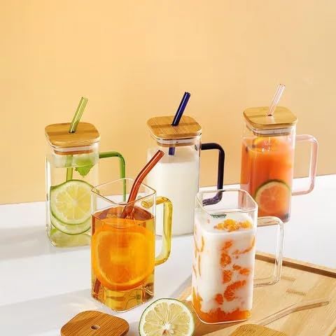 Square Mason Jar Sipper Set – 400ml Glass Tumblers with Wooden/Acrylic Lid & Straw | Pack of 2 | Random Colors
