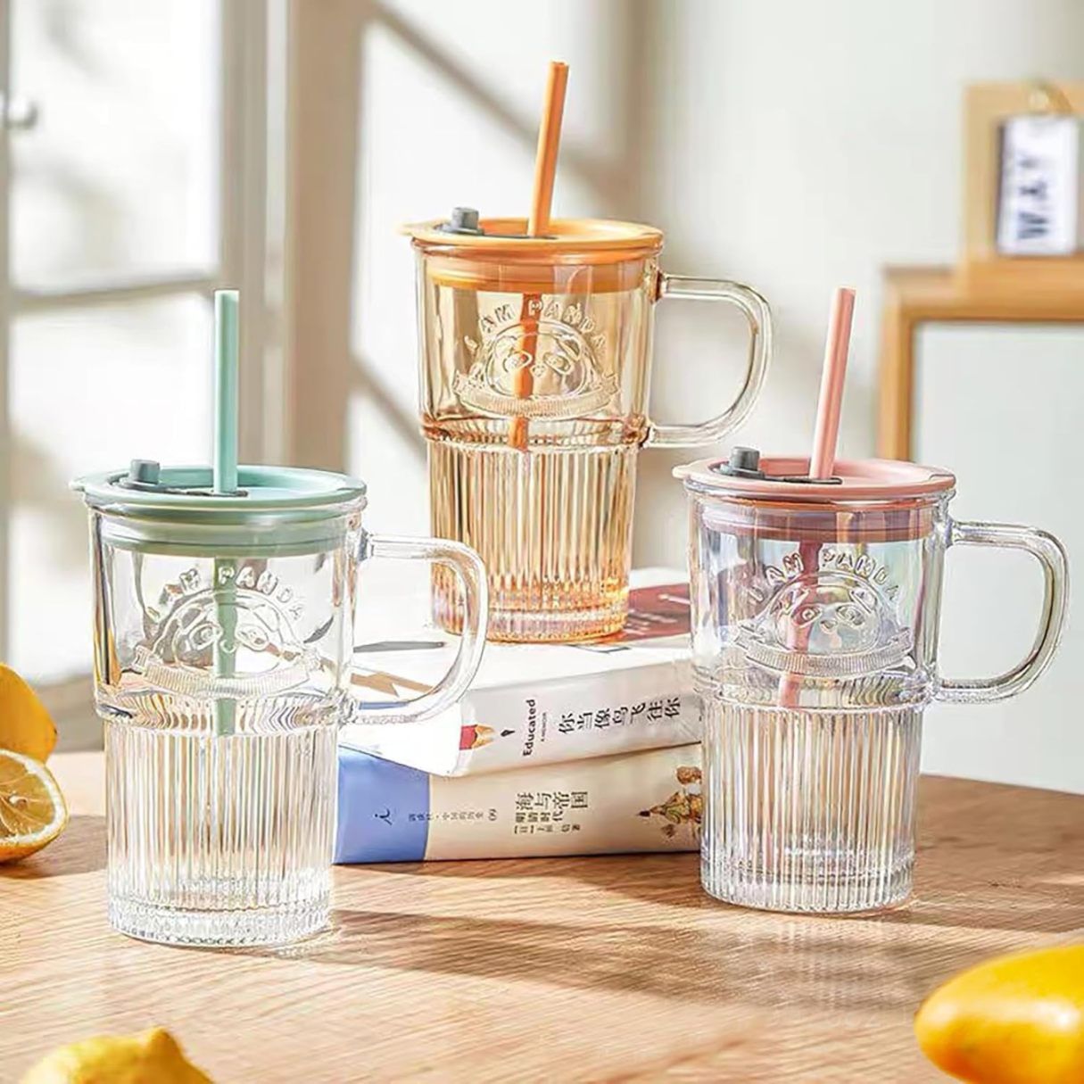 Panda Sipper Glass Mug – Striped Glass Tumbler with Handle, Lid & Straw | Iced Coffee & Smoothie Cup (Single)