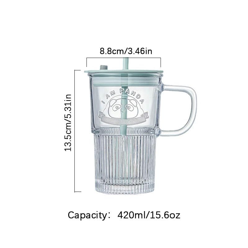Panda Sipper Glass Mug – Striped Glass Tumbler with Handle, Lid & Straw | Iced Coffee & Smoothie Cup (Single)