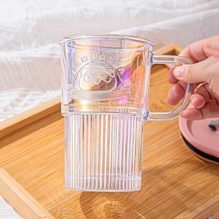 Panda Sipper Glass Mug – Striped Glass Tumbler with Handle, Lid & Straw | Iced Coffee & Smoothie Cup (Single)