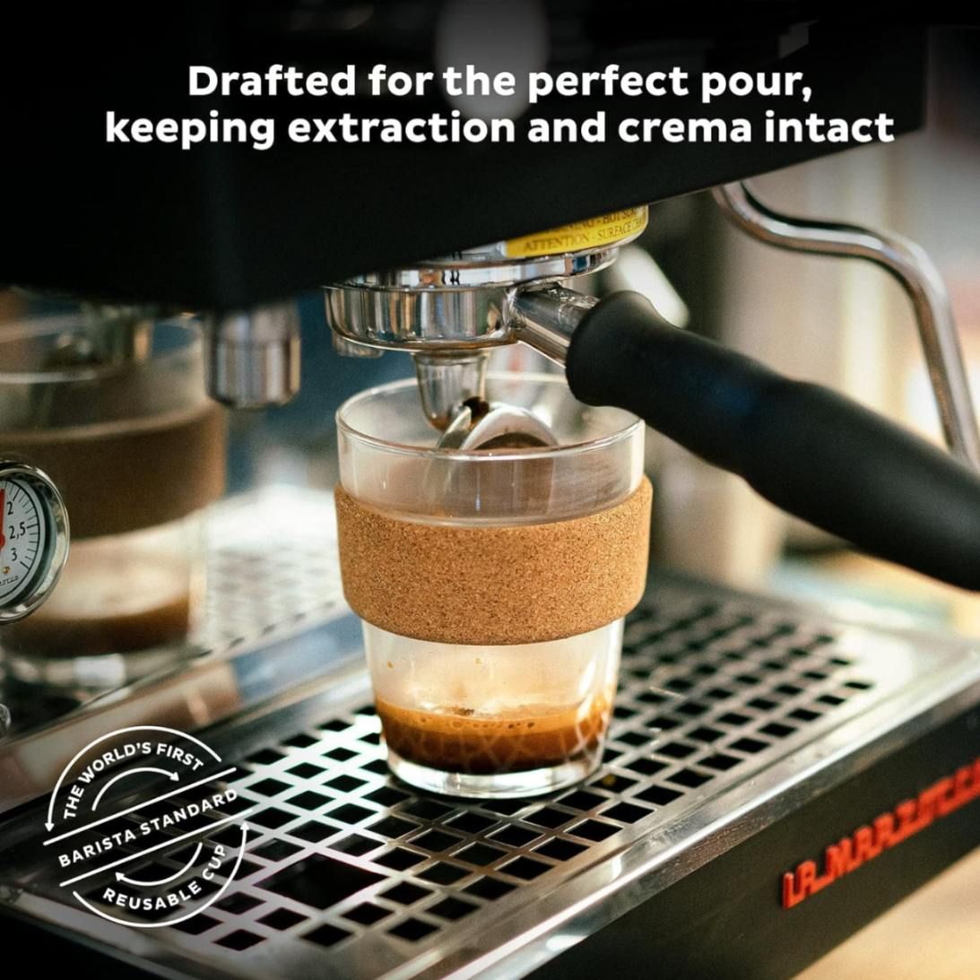 Sipper Glass with Cork Sleeve & Silicone Lid – 240ML Barista Standard Reusable Cup