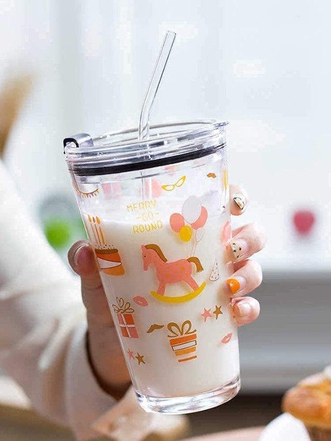 Dolphin Cartoon Glass Mug – 470ml Transparent Kids Tumbler with Straw | Fun Design for Boys & Girls