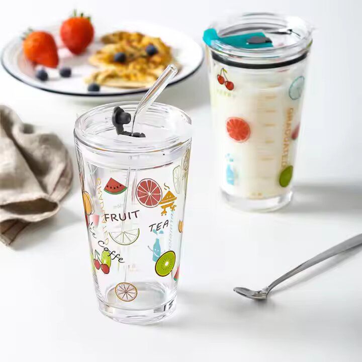 Dolphin Cartoon Glass Mug – 470ml Transparent Kids Tumbler with Straw | Fun Design for Boys & Girls