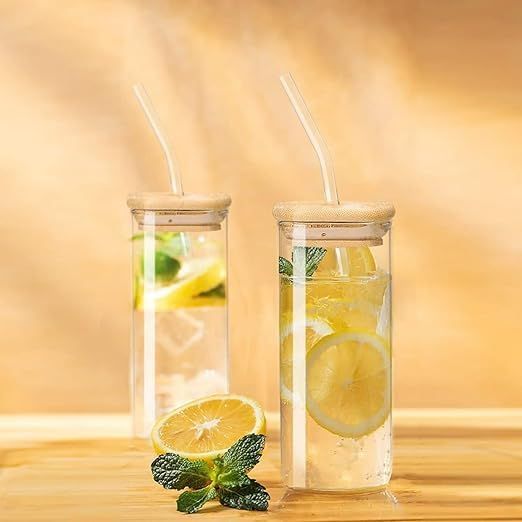 410ml Square Mason Jar Glass Mug – Airtight Wooden Lid & Glass Straw | Set of 2 Sippers for Hot & Cold Drinks