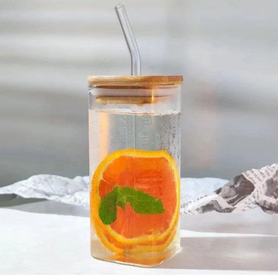 410ml Square Mason Jar Glass Mug – Airtight Wooden Lid & Glass Straw | Set of 2 Sippers for Hot & Cold Drinks