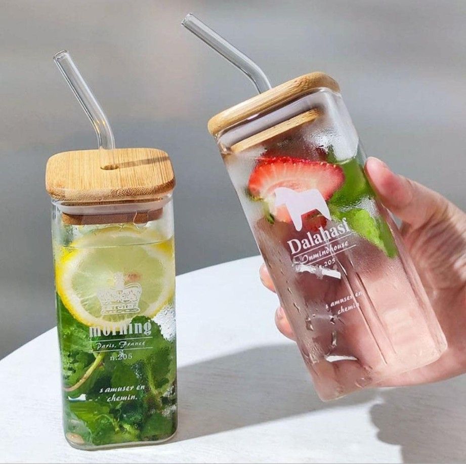 410ml Square Mason Jar Glass Mug – Airtight Wooden Lid & Glass Straw | Set of 2 Sippers for Hot & Cold Drinks