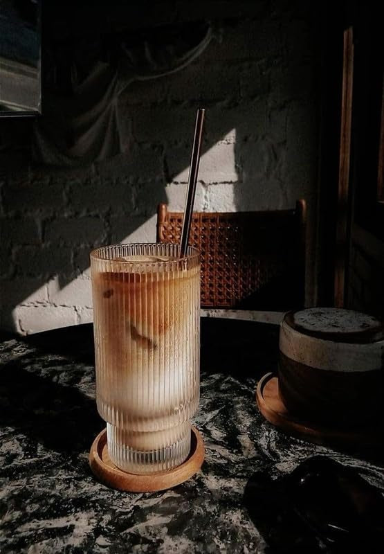 290ml Fluted Glass Sipper Tumbler – Vertical Stripe Design with Bamboo Lid & Reusable Straw | Set of 1