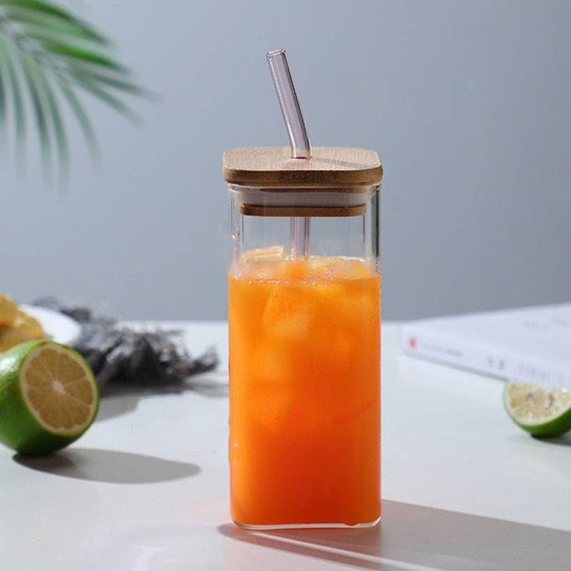 410ml Square Mason Jar Glass Mug – Airtight Wooden Lid & Glass Straw | Set of 2 Sippers for Hot & Cold Drinks