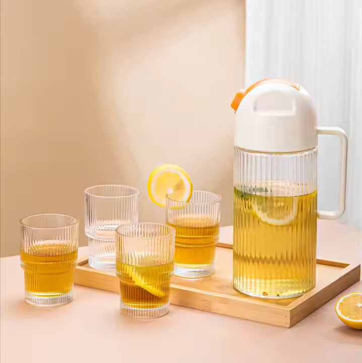 LEDONG Ribbed Glass Carafe Set – 5-Piece Elegant Drinkware Set (1000ml to 180ml) for Water, Juice & Iced Tea