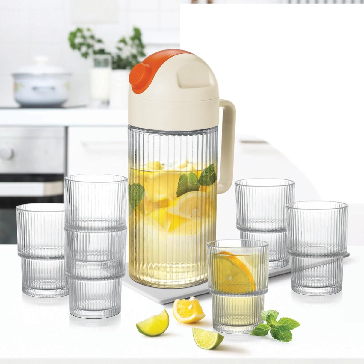 LEDONG Ribbed Glass Carafe Set – 5-Piece Elegant Drinkware Set (1000ml to 180ml) for Water, Juice & Iced Tea
