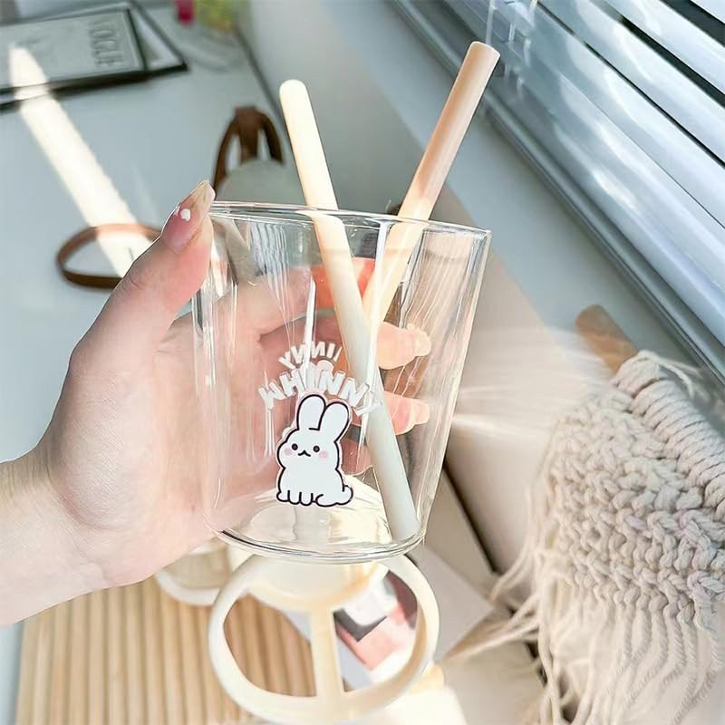 Cute Rabbit Fruit Juice Glass Tumbler – 450ml with Lid & Straw
