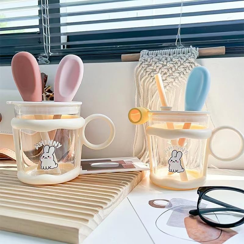 Cute Rabbit Fruit Juice Glass Tumbler – 450ml with Lid & Straw