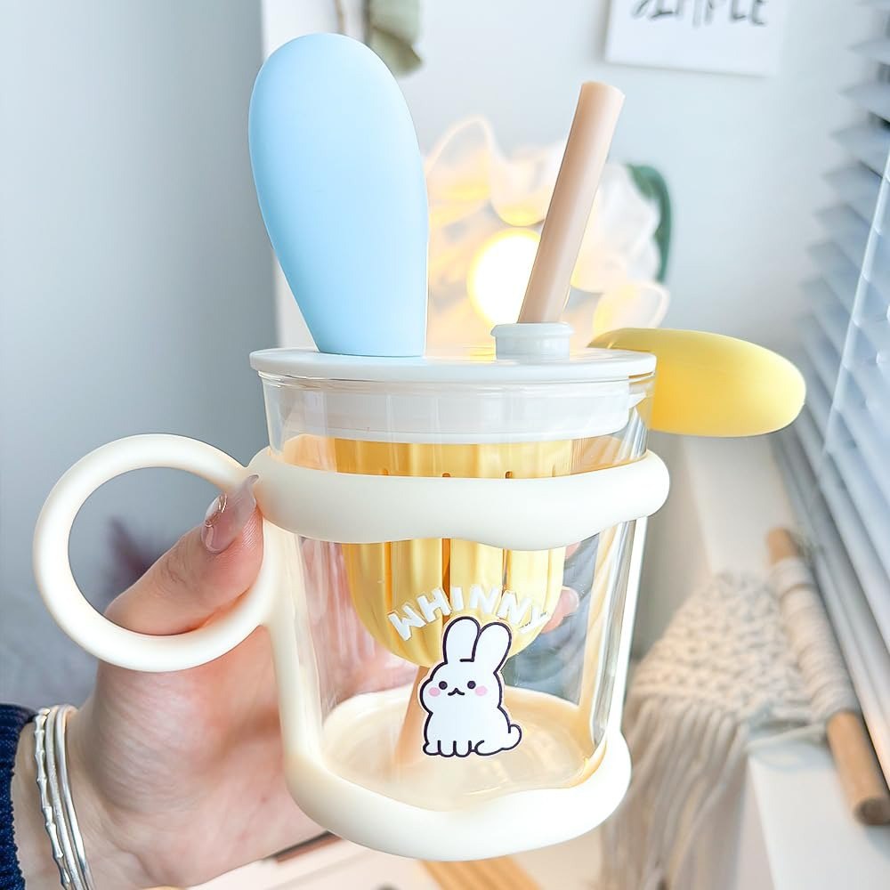 Cute Rabbit Fruit Juice Glass Tumbler – 450ml with Lid & Straw