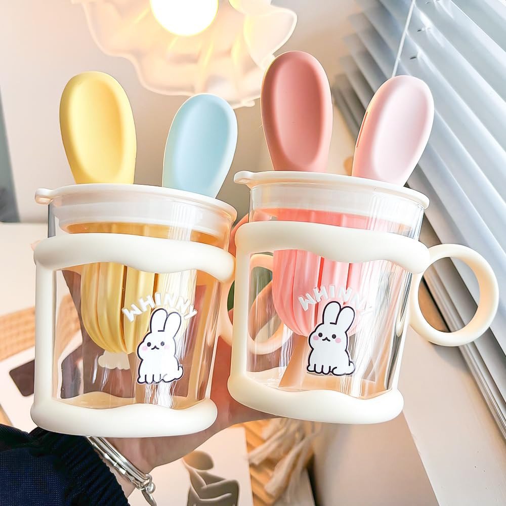 Cute Rabbit Fruit Juice Glass Tumbler – 450ml with Lid & Straw