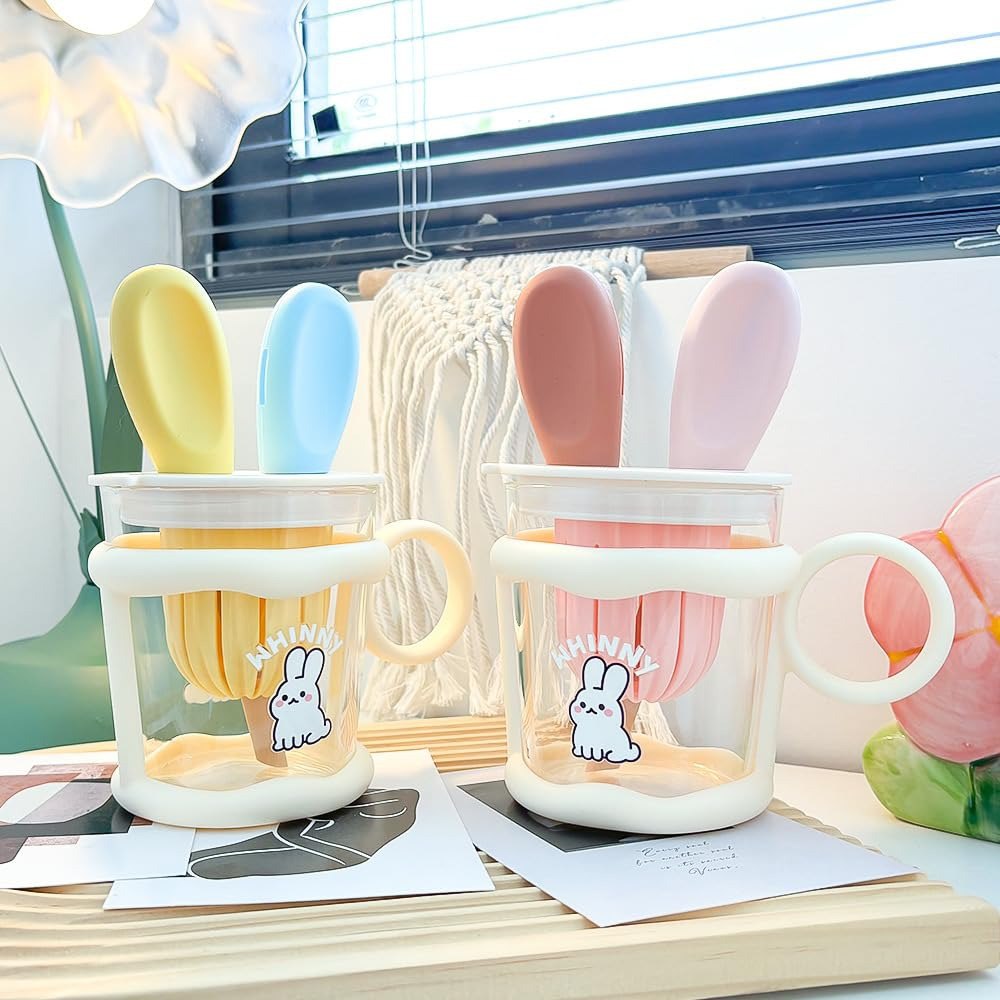 Cute Rabbit Fruit Juice Glass Tumbler – 450ml with Lid & Straw