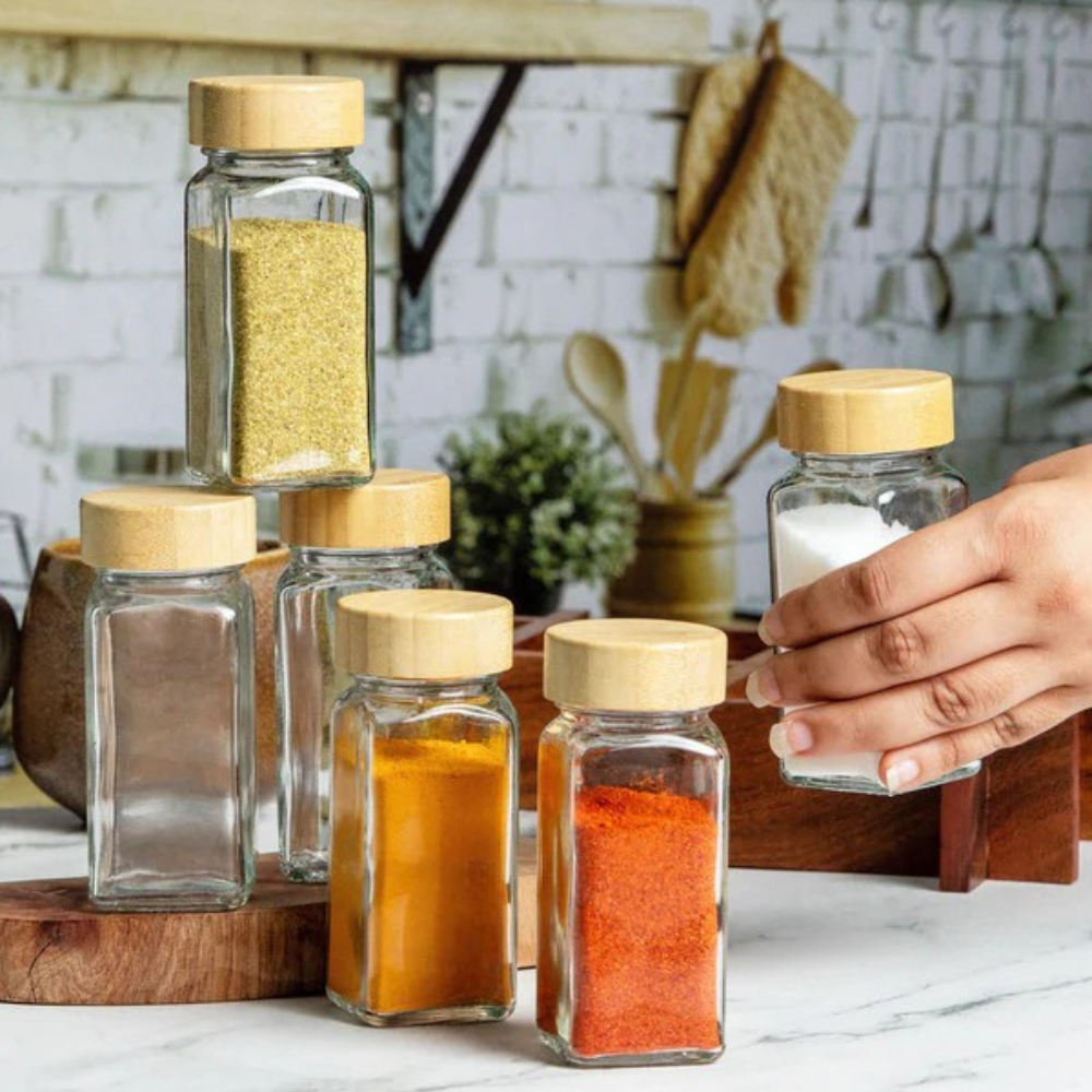Glass Spice Jars With Bamboo Lids (120 ML) - Free Spice Label Stickers