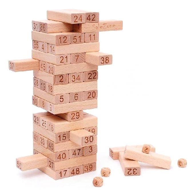 Wooden Building Blocks Puzzle Game – 54 Pcs Stacking Tower with 4 Dice | Tumbling Tower Game for Adults & Kids