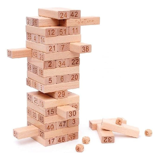 Wooden Building Blocks Puzzle Game – 54 Pcs Stacking Tower with 4 Dice | Tumbling Tower Game for Adults & Kids