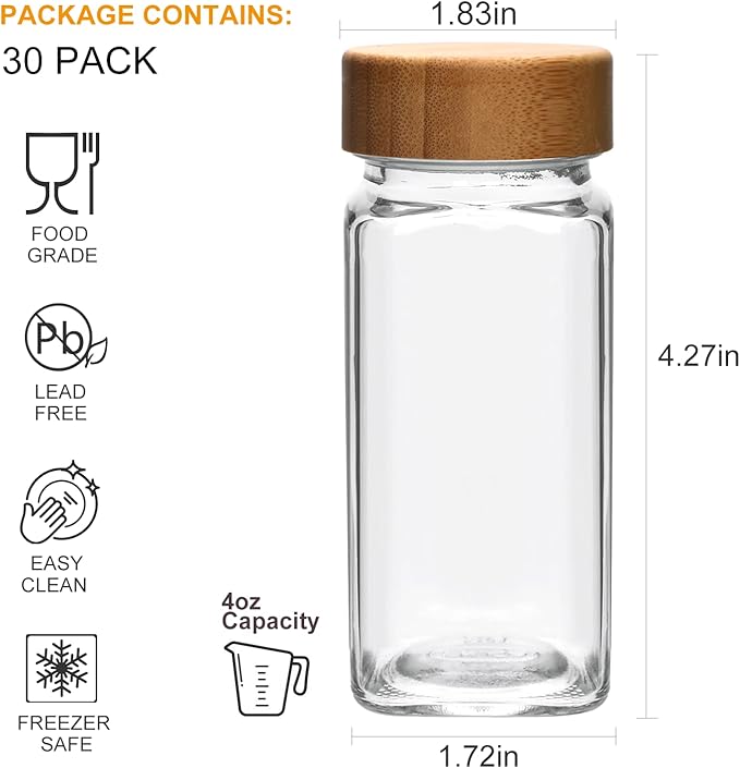 Glass Spice Jars With Bamboo Lids (120 ML) - Free Spice Label Stickers