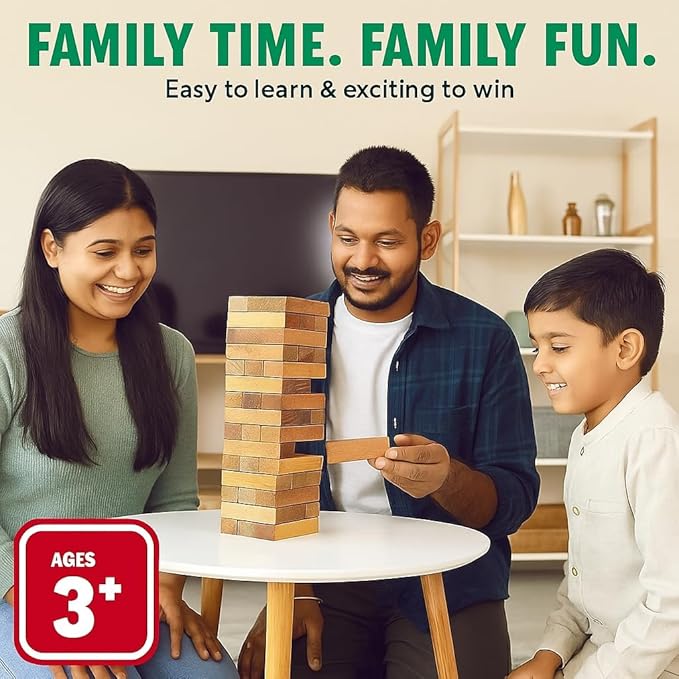 Wooden Building Blocks Puzzle Game – 54 Pcs Stacking Tower with 4 Dice | Tumbling Tower Game for Adults & Kids