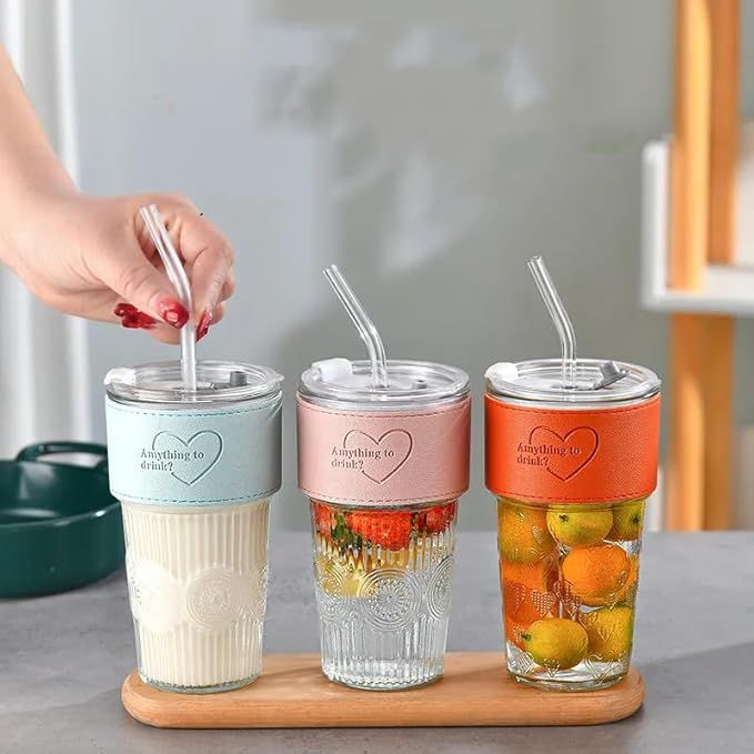 400ml Grip Glass Sipper Mug with Lid & Straw – Reusable Wide-Mouth Tumbler for Juice, Coffee, Smoothies & More