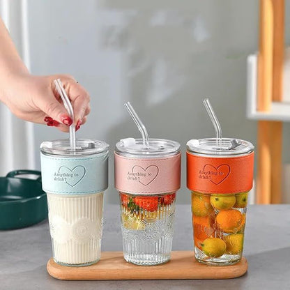 400ml Grip Glass Sipper Mug with Lid & Straw – Reusable Wide-Mouth Tumbler for Juice, Coffee, Smoothies & More