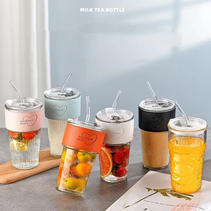 400ml Grip Glass Sipper Mug with Lid & Straw – Reusable Wide-Mouth Tumbler for Juice, Coffee, Smoothies & More