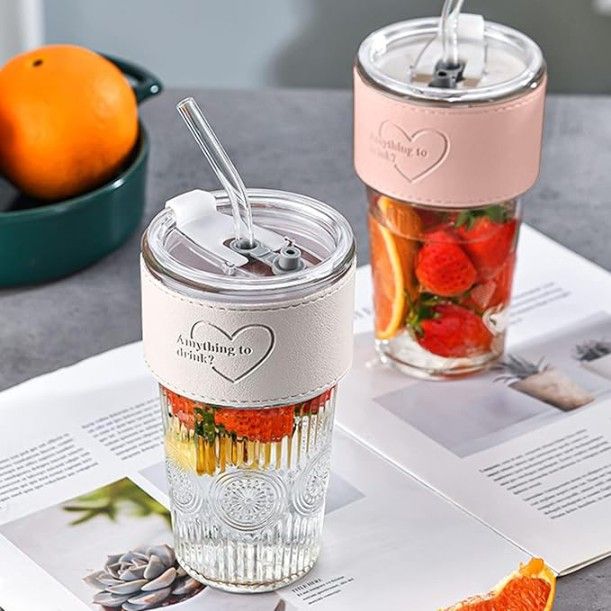 400ml Grip Glass Sipper Mug with Lid & Straw – Reusable Wide-Mouth Tumbler for Juice, Coffee, Smoothies & More
