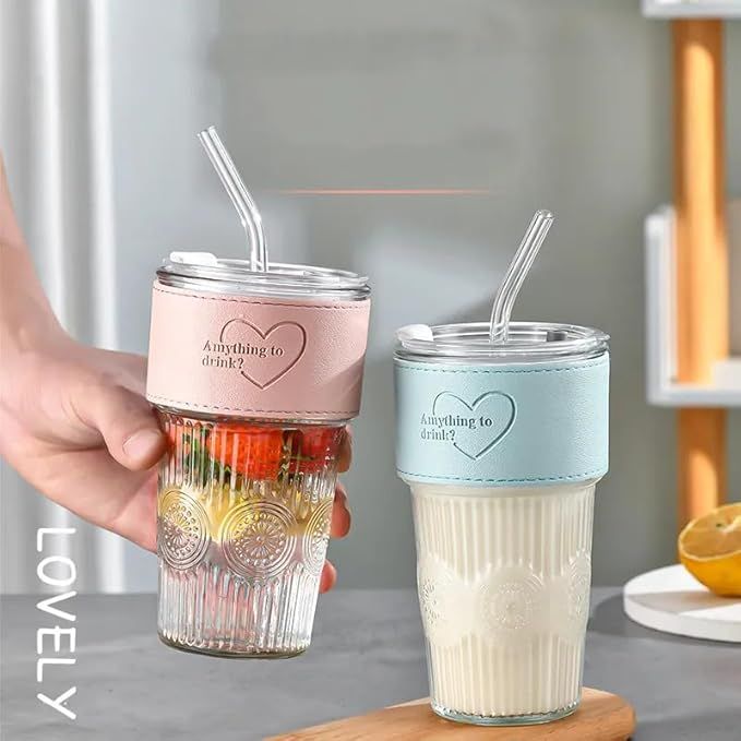 400ml Grip Glass Sipper Mug with Lid & Straw – Reusable Wide-Mouth Tumbler for Juice, Coffee, Smoothies & More