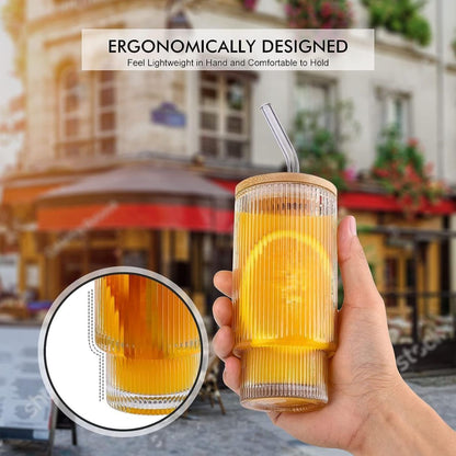 290ml Fluted Glass Sipper Tumbler – Vertical Stripe Design with Bamboo Lid & Reusable Straw | Set of 1