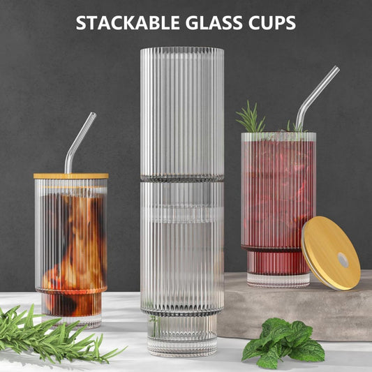 290ml Fluted Glass Sipper Tumbler – Vertical Stripe Design with Bamboo Lid & Reusable Straw | Set of 1