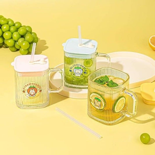 350ml Square Glass Sipper Mug with Handle – Transparent Can-Shaped Tumbler with Lid & Straw | Milk, Coffee, Juice Cup (Random Color)