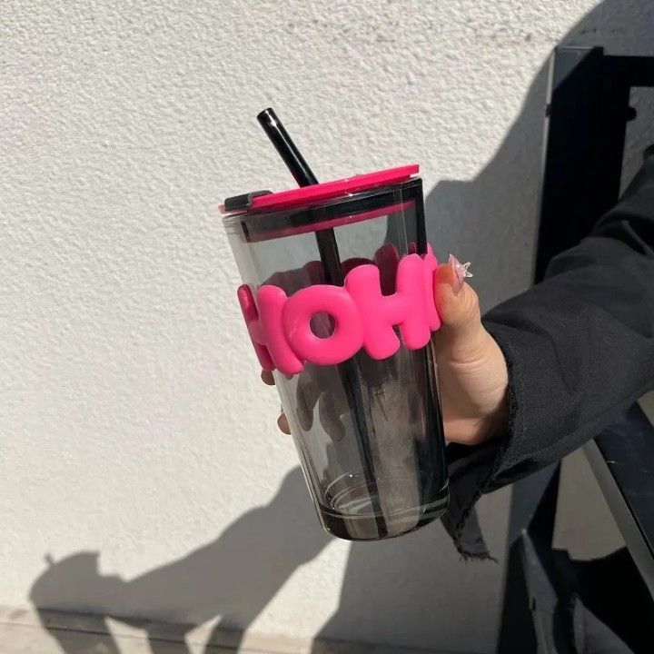 HOHO Long Black Glass Sipper – 450ml Reusable Tumbler with Leather Sleeve & Straw | Coffee, Juice, Soda Mug