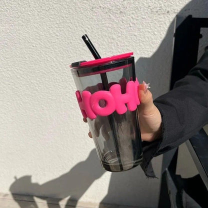 HOHO Long Black Glass Sipper – 450ml Reusable Tumbler with Leather Sleeve & Straw | Coffee, Juice, Soda Mug
