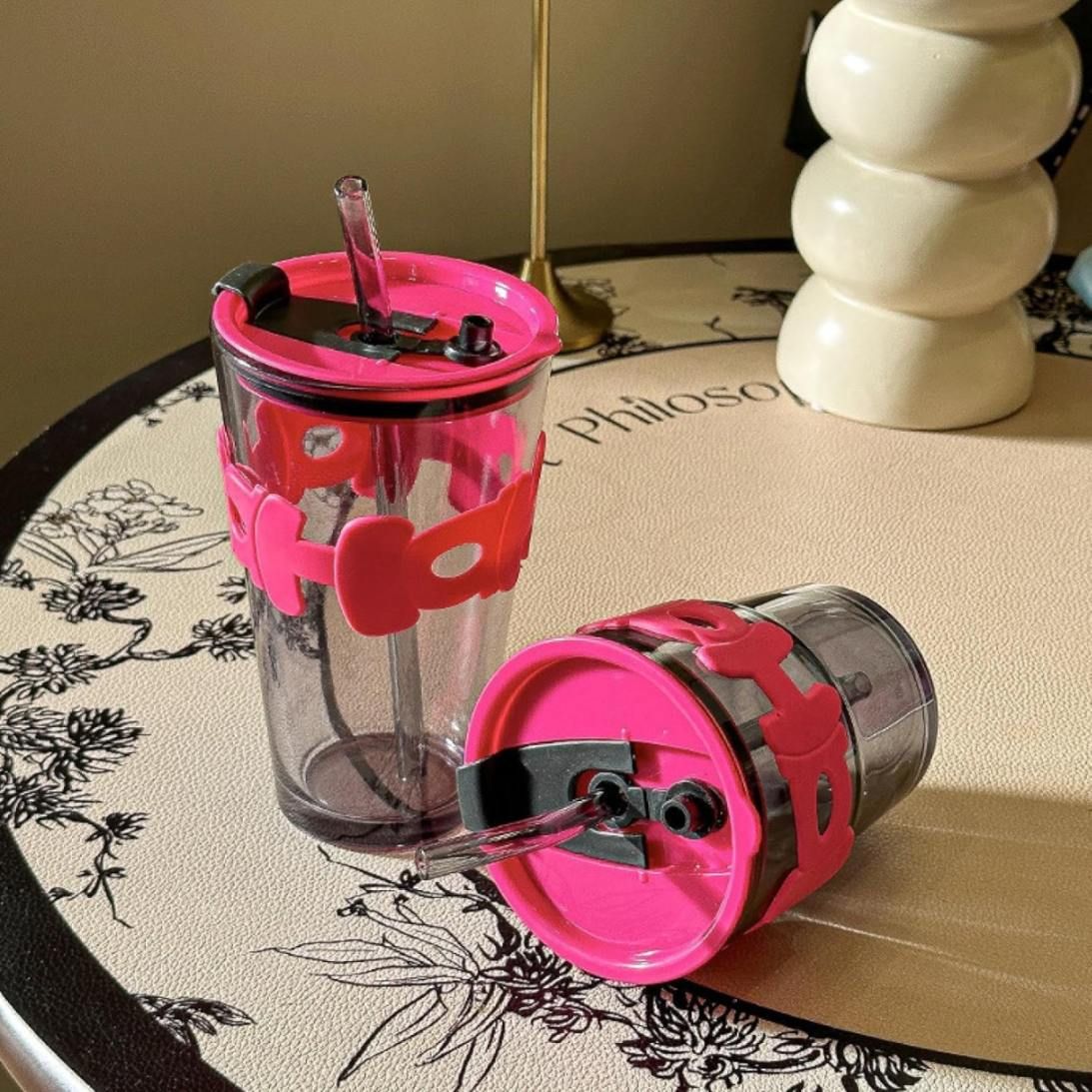 HOHO Long Black Glass Sipper – 450ml Reusable Tumbler with Leather Sleeve & Straw | Coffee, Juice, Soda Mug