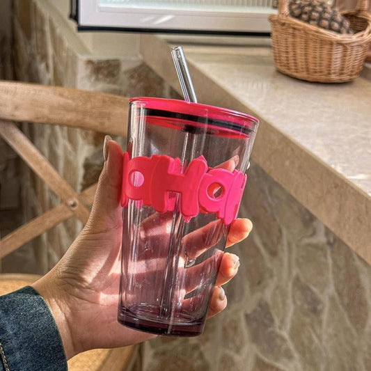 HOHO Long Black Glass Sipper – 450ml Reusable Tumbler with Leather Sleeve & Straw | Coffee, Juice, Soda Mug
