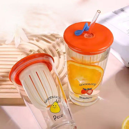500ml Cartoon Glass Sipper Cup – Heat-Resistant Tumbler with Lid & Straw | Cute Coffee & Juice Cup Gift