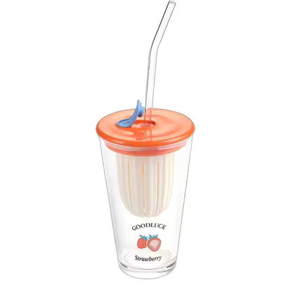 500ml Cartoon Glass Sipper Cup – Heat-Resistant Tumbler with Lid & Straw | Cute Coffee & Juice Cup Gift