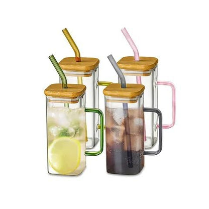 Square Mason Jar Sipper Set – 400ml Glass Tumblers with Wooden/Acrylic Lid & Straw | Pack of 2 | Random Colors